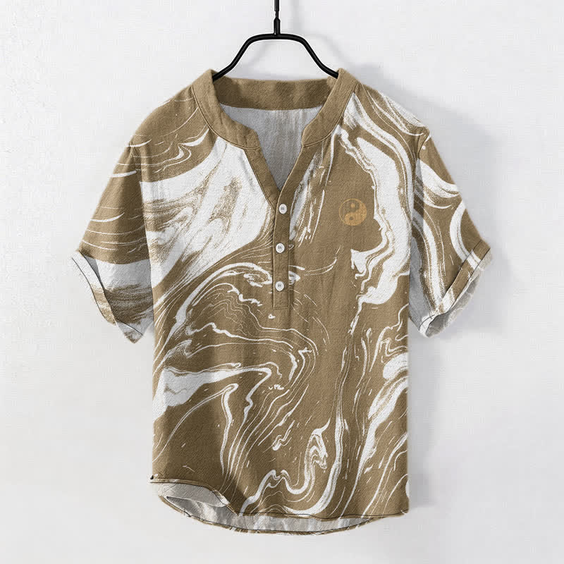 Buddha Stones Cotton Tai Chi Pattern Men's Short Sleeve Half Button Shirt - BurlyWood - US/UK/AU50,EU60 (5XL) - image 5