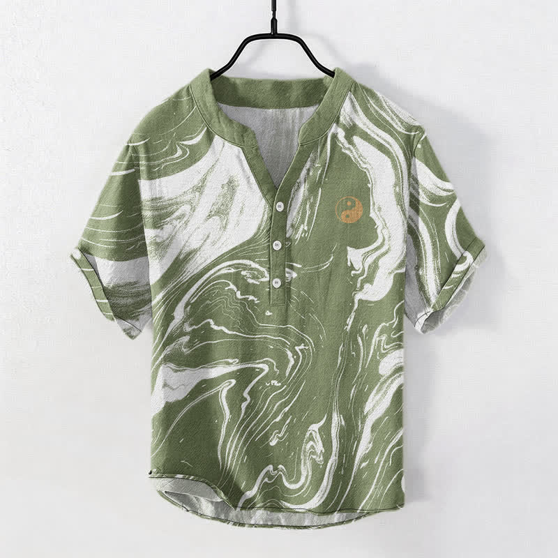 Buddha Stones Cotton Tai Chi Pattern Men's Short Sleeve Half Button Shirt - DarkSeaGreen - US/UK/AU50,EU60 (5XL) - image 7