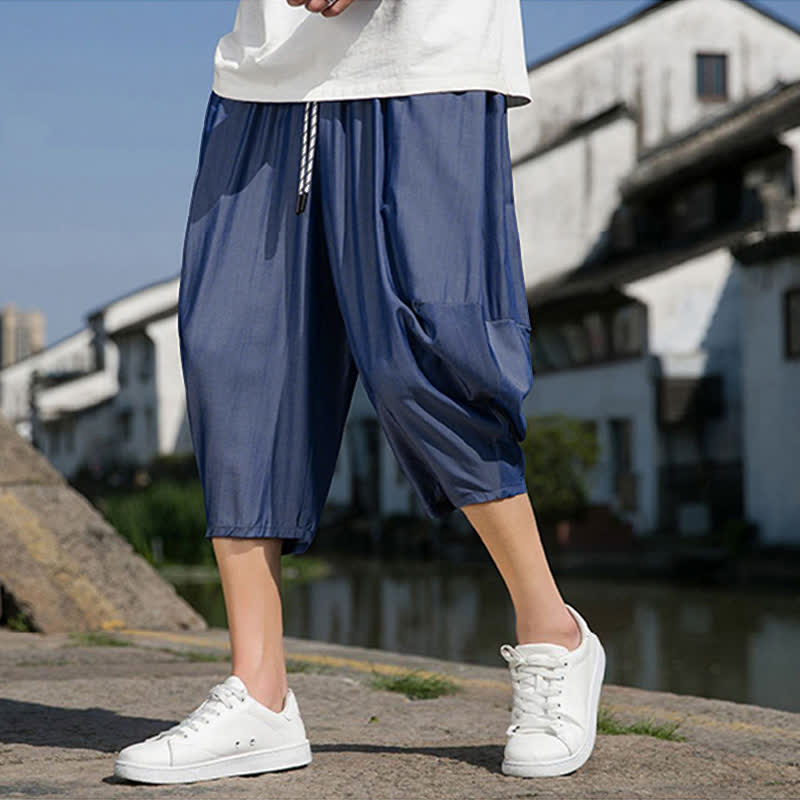 Buddha Stones Summer Elastic Waist Drawstring Solid Color Half Men's Tapered Pants With Pockets - image 4