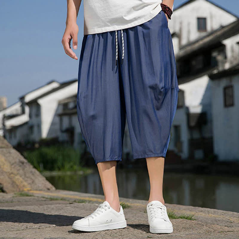 Buddha Stones Summer Elastic Waist Drawstring Solid Color Half Men's Tapered Pants With Pockets - image 7