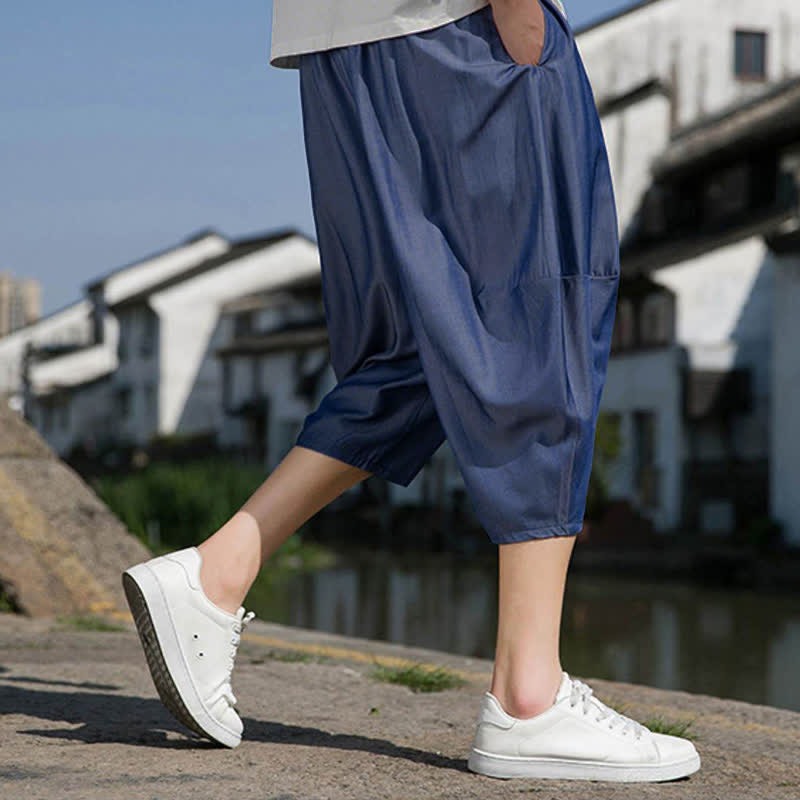Buddha Stones Summer Elastic Waist Drawstring Solid Color Half Men's Tapered Pants With Pockets - image 6