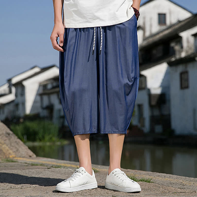 Buddha Stones Summer Elastic Waist Drawstring Solid Color Half Men's Tapered Pants With Pockets - image 1