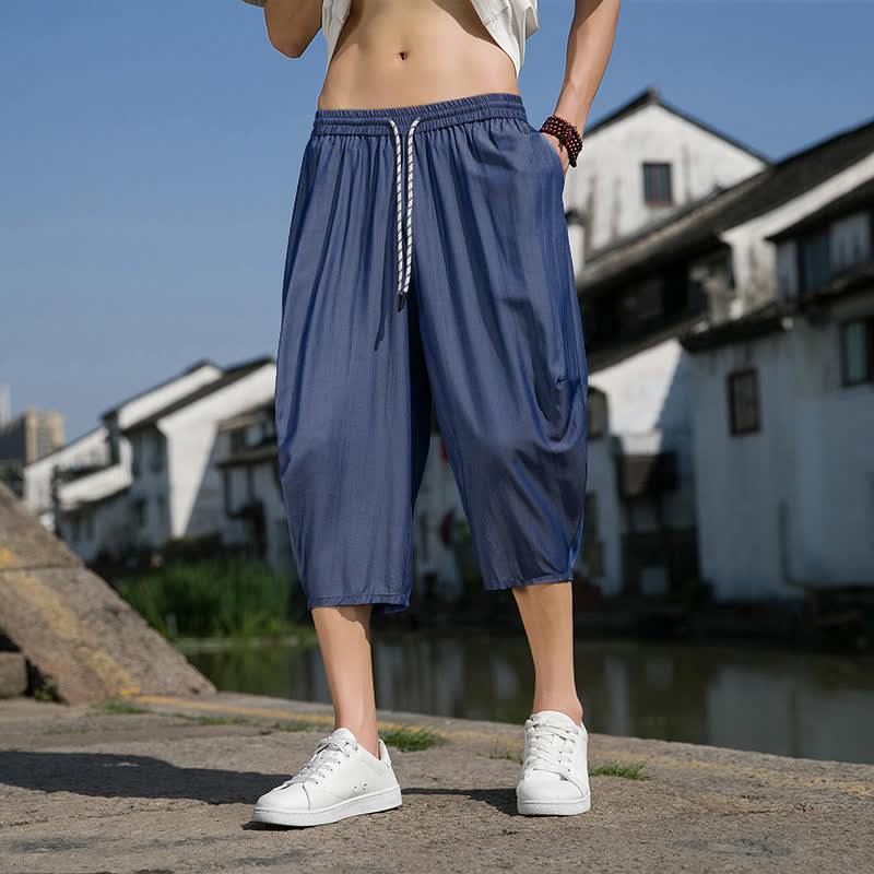 Buddha Stones Summer Elastic Waist Drawstring Solid Color Half Men's Tapered Pants With Pockets - image 5