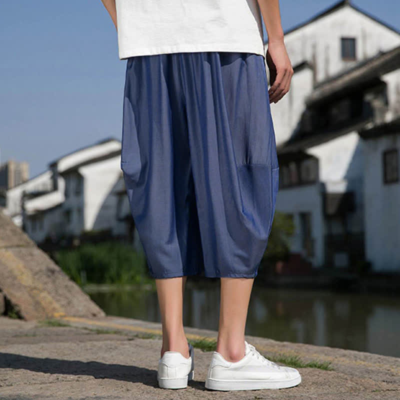 Buddha Stones Summer Elastic Waist Drawstring Solid Color Half Men's Tapered Pants With Pockets - image 2