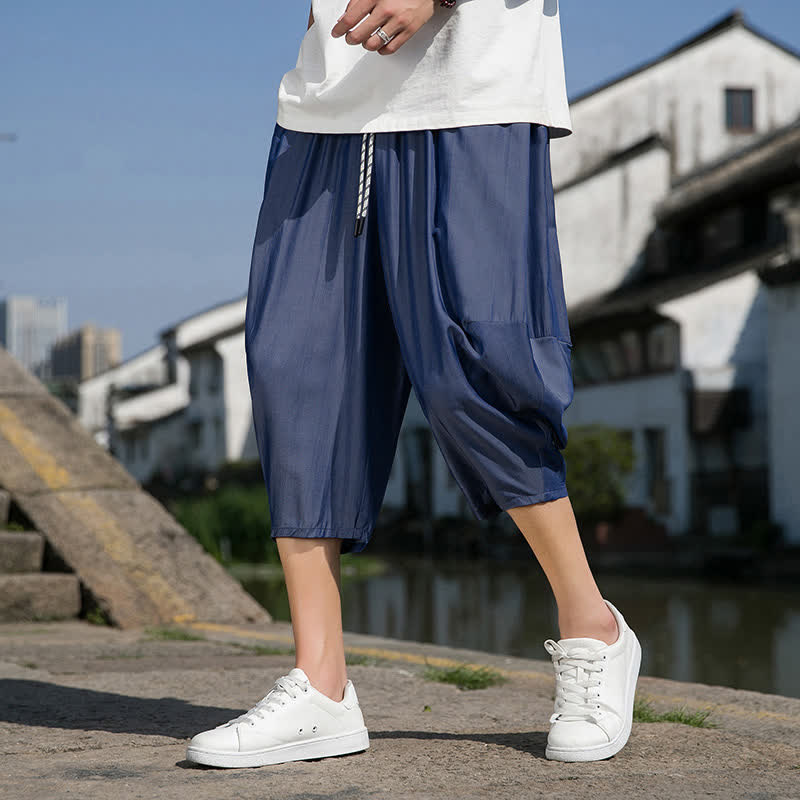 Buddha Stones Summer Elastic Waist Drawstring Solid Color Half Men's Tapered Pants With Pockets - SlateBlue - US/UK/AU46,EU56 (5XL) - image 0