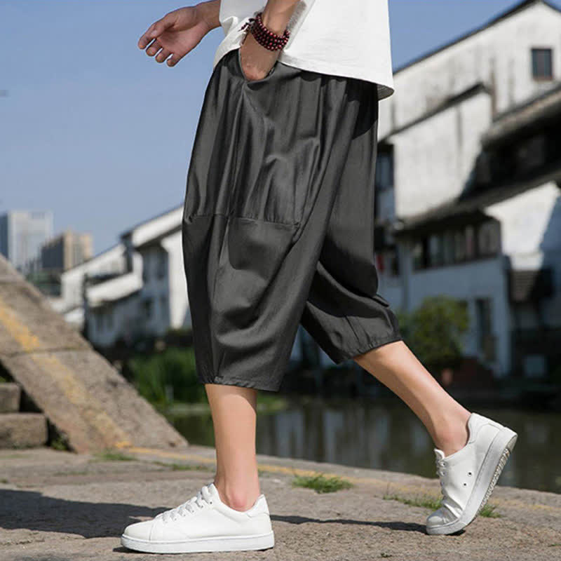 Buddha Stones Summer Elastic Waist Drawstring Solid Color Half Men's Tapered Pants With Pockets - image 13