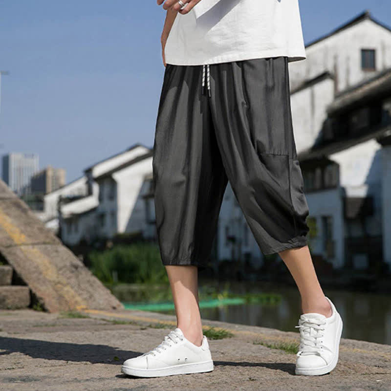 Buddha Stones Summer Elastic Waist Drawstring Solid Color Half Men's Tapered Pants With Pockets - DimGray - US/UK/AU46,EU56 (5XL) - image 10