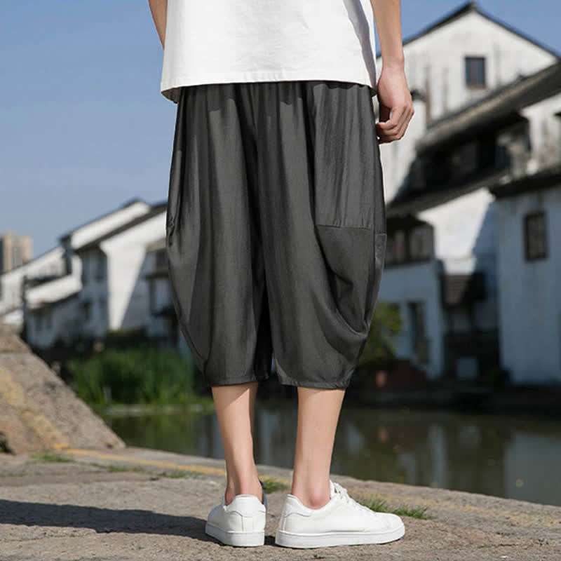 Buddha Stones Summer Elastic Waist Drawstring Solid Color Half Men's Tapered Pants With Pockets - image 12