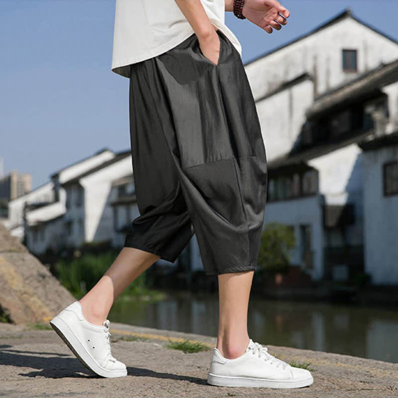 Buddha Stones Summer Elastic Waist Drawstring Solid Color Half Men's Tapered Pants With Pockets - image 18