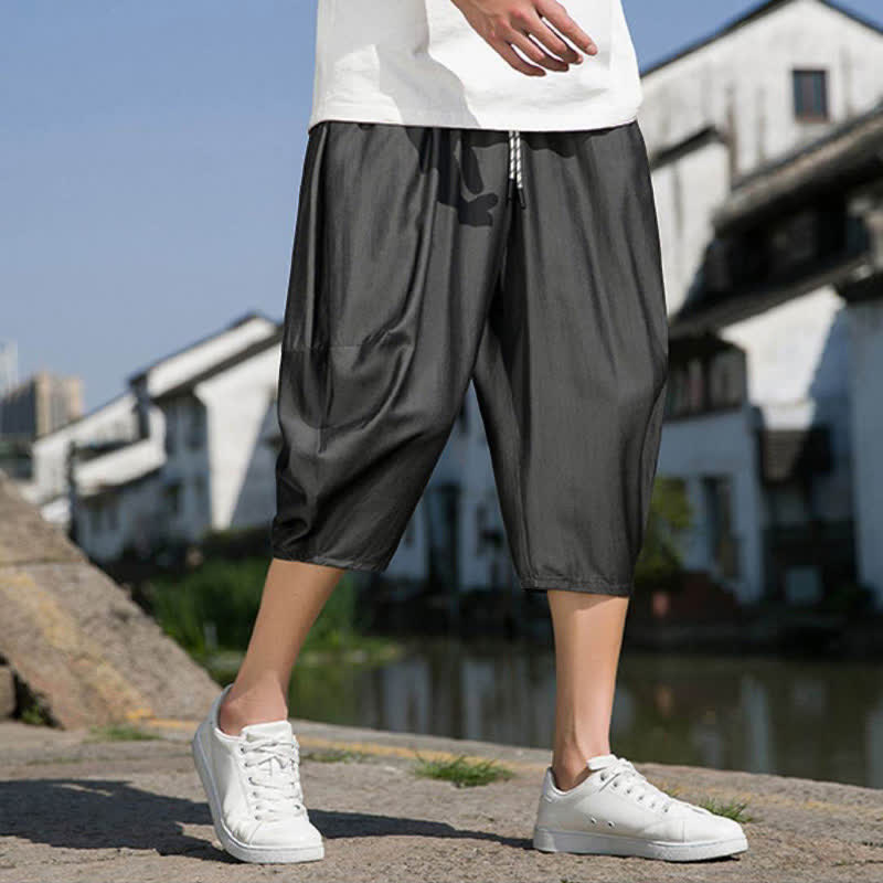 Buddha Stones Summer Elastic Waist Drawstring Solid Color Half Men's Tapered Pants With Pockets - image 15