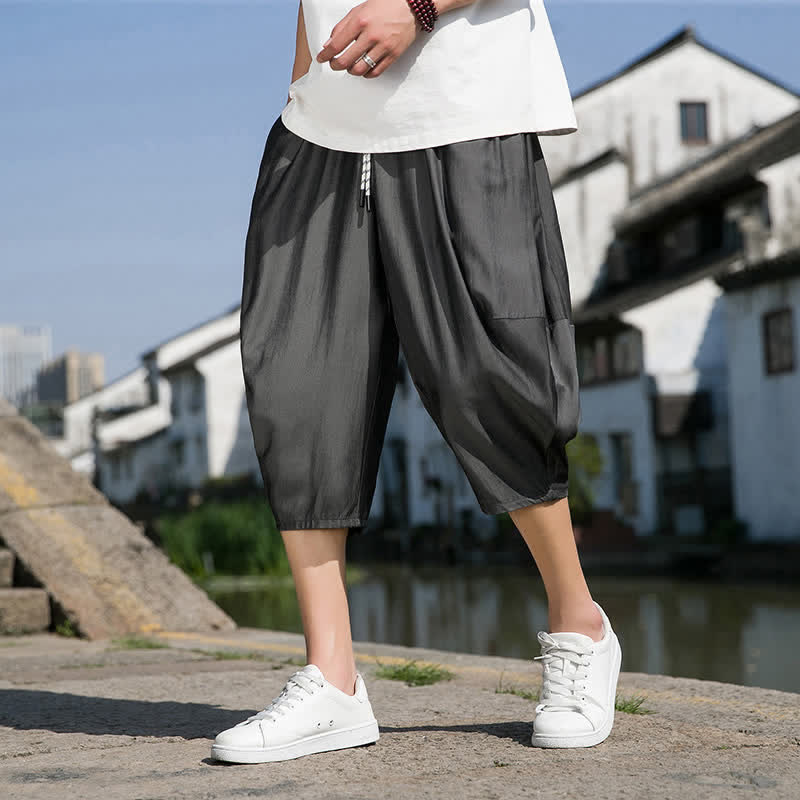Buddha Stones Summer Elastic Waist Drawstring Solid Color Half Men's Tapered Pants With Pockets - image 19