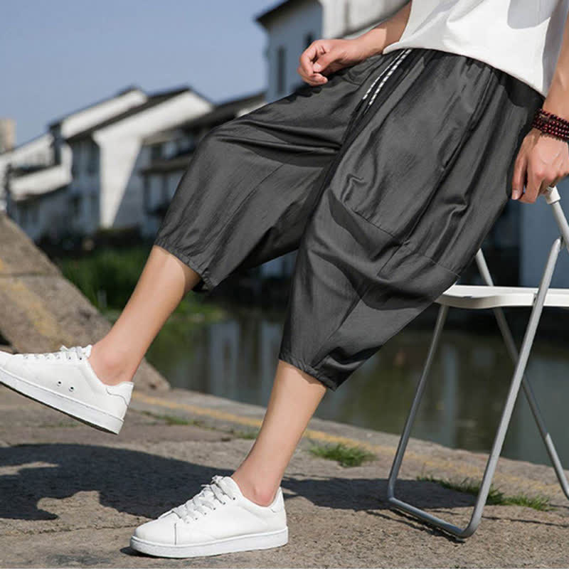 Buddha Stones Summer Elastic Waist Drawstring Solid Color Half Men's Tapered Pants With Pockets - image 16