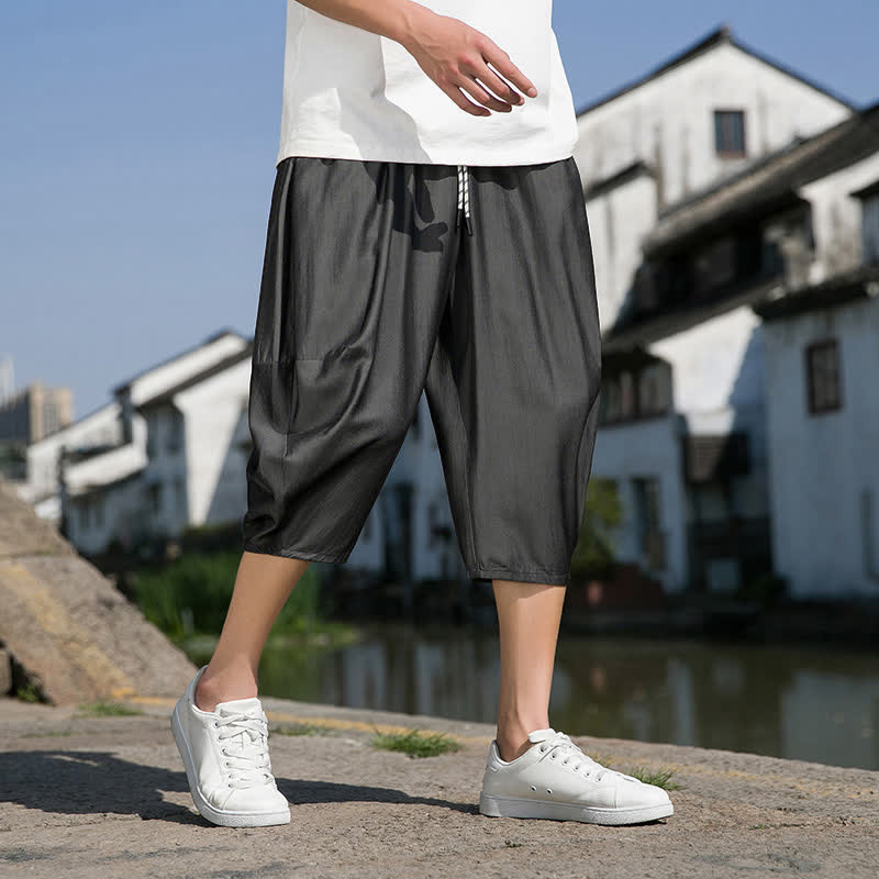 Buddha Stones Summer Elastic Waist Drawstring Solid Color Half Men's Tapered Pants With Pockets - image 17