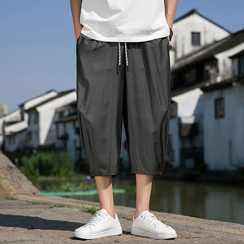 Buddha Stones Summer Elastic Waist Drawstring Solid Color Half Men's Tapered Pants With Pockets - image 11