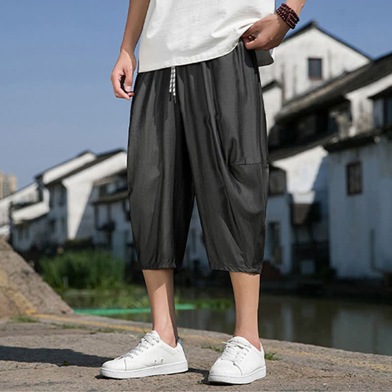 Buddha Stones Summer Elastic Waist Drawstring Solid Color Half Men's Tapered Pants With Pockets - image 14