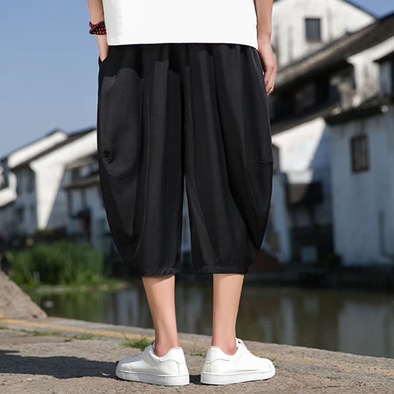 Buddha Stones Summer Elastic Waist Drawstring Solid Color Half Men's Tapered Pants With Pockets - image 24