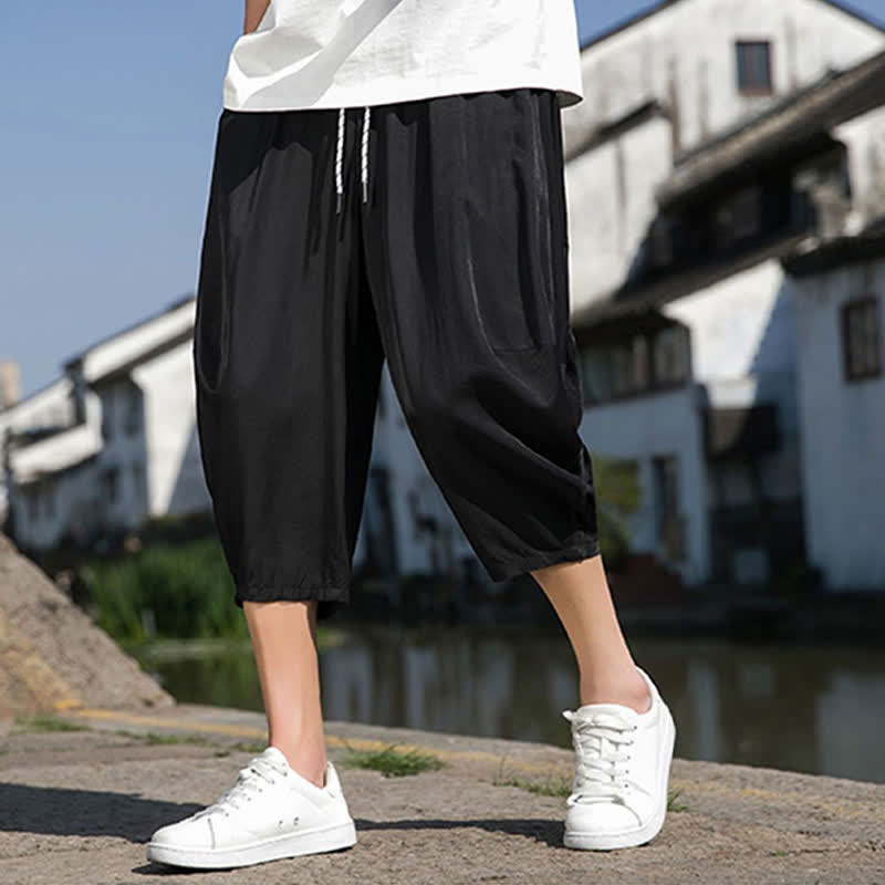 Buddha Stones Summer Elastic Waist Drawstring Solid Color Half Men's Tapered Pants With Pockets - image 20