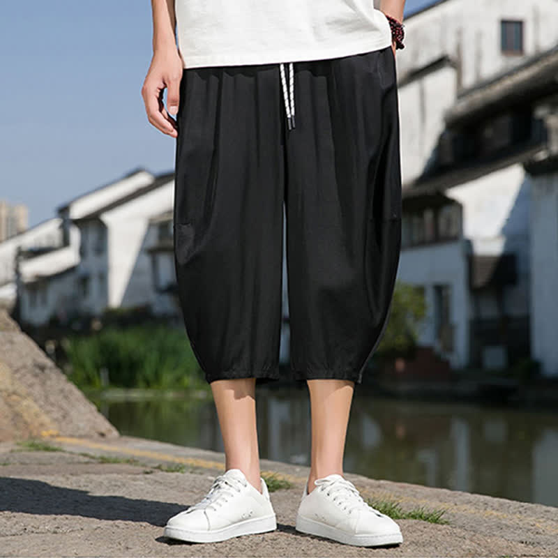 Buddha Stones Summer Elastic Waist Drawstring Solid Color Half Men's Tapered Pants With Pockets - Black - US/UK/AU46,EU56 (5XL) - image 21