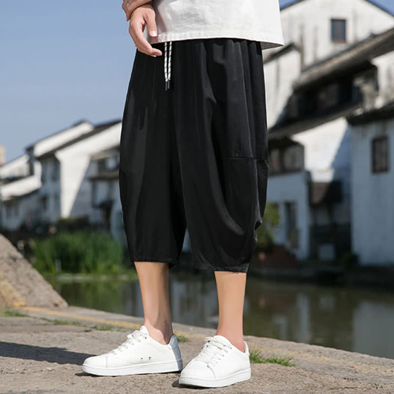 Buddha Stones Summer Elastic Waist Drawstring Solid Color Half Men's Tapered Pants With Pockets - image 27