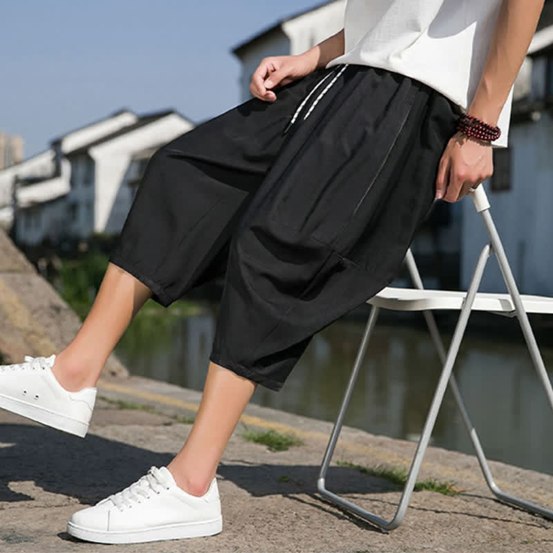 Buddha Stones Summer Elastic Waist Drawstring Solid Color Half Men's Tapered Pants With Pockets - image 25