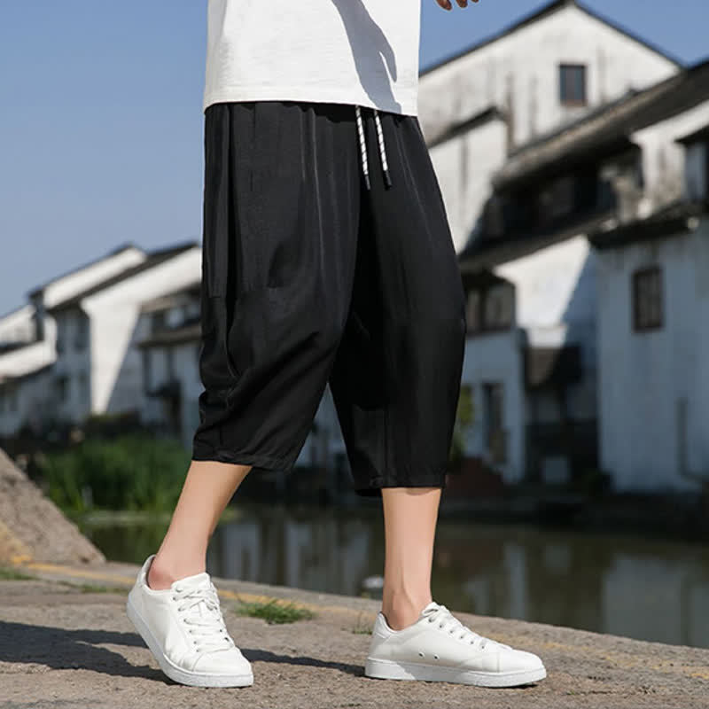 Buddha Stones Summer Elastic Waist Drawstring Solid Color Half Men's Tapered Pants With Pockets - image 23