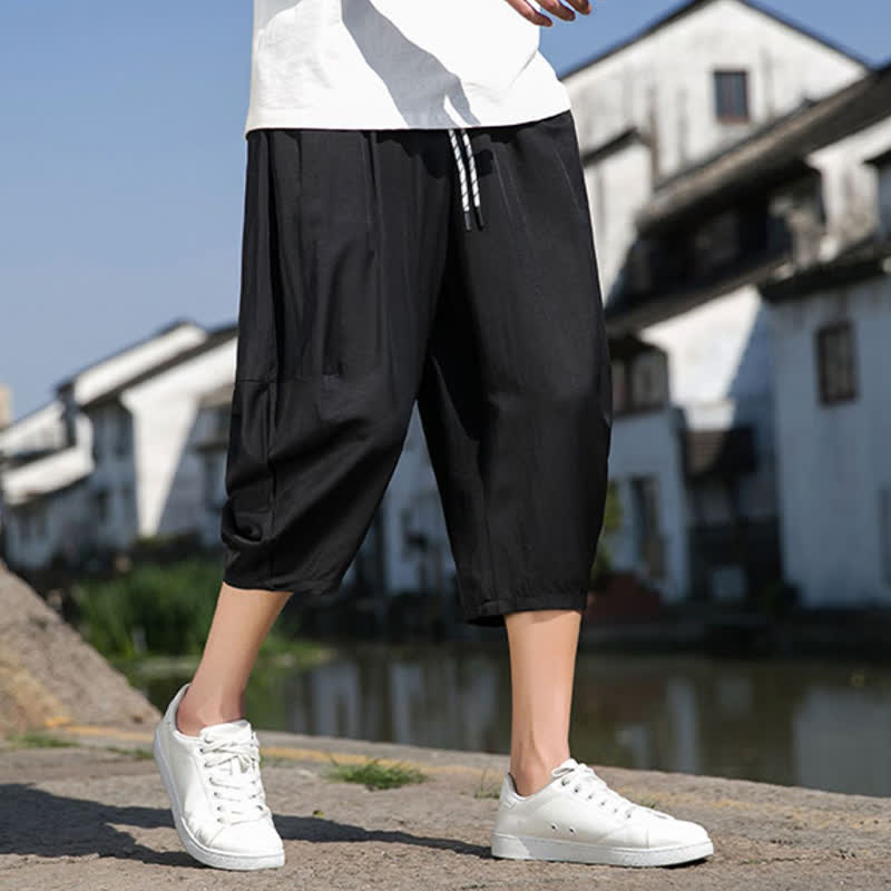 Buddha Stones Summer Elastic Waist Drawstring Solid Color Half Men's Tapered Pants With Pockets - image 26