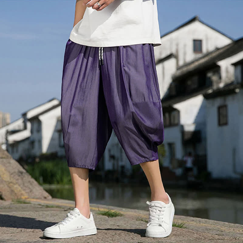 Buddha Stones Summer Elastic Waist Drawstring Solid Color Half Men's Tapered Pants With Pockets - BlueViolet - US/UK/AU46,EU56 (5XL) - image 28
