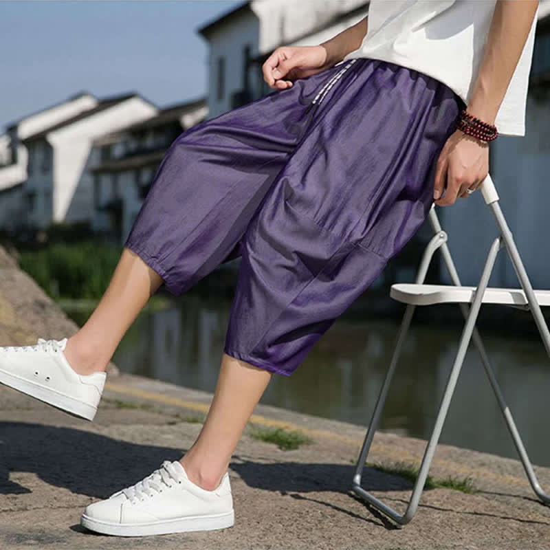 Buddha Stones Summer Elastic Waist Drawstring Solid Color Half Men's Tapered Pants With Pockets - image 31