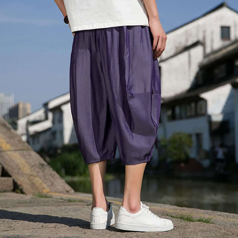 Buddha Stones Summer Elastic Waist Drawstring Solid Color Half Men's Tapered Pants With Pockets - image 32