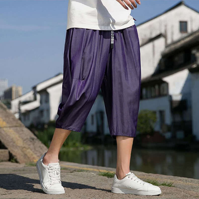 Buddha Stones Summer Elastic Waist Drawstring Solid Color Half Men's Tapered Pants With Pockets - image 30