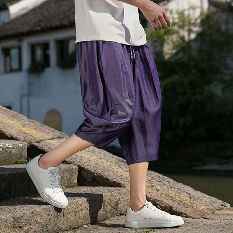 Buddha Stones Summer Elastic Waist Drawstring Solid Color Half Men's Tapered Pants With Pockets - image 35