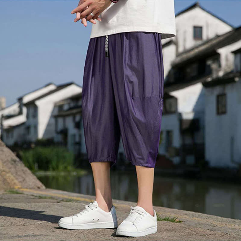 Buddha Stones Summer Elastic Waist Drawstring Solid Color Half Men's Tapered Pants With Pockets - image 33