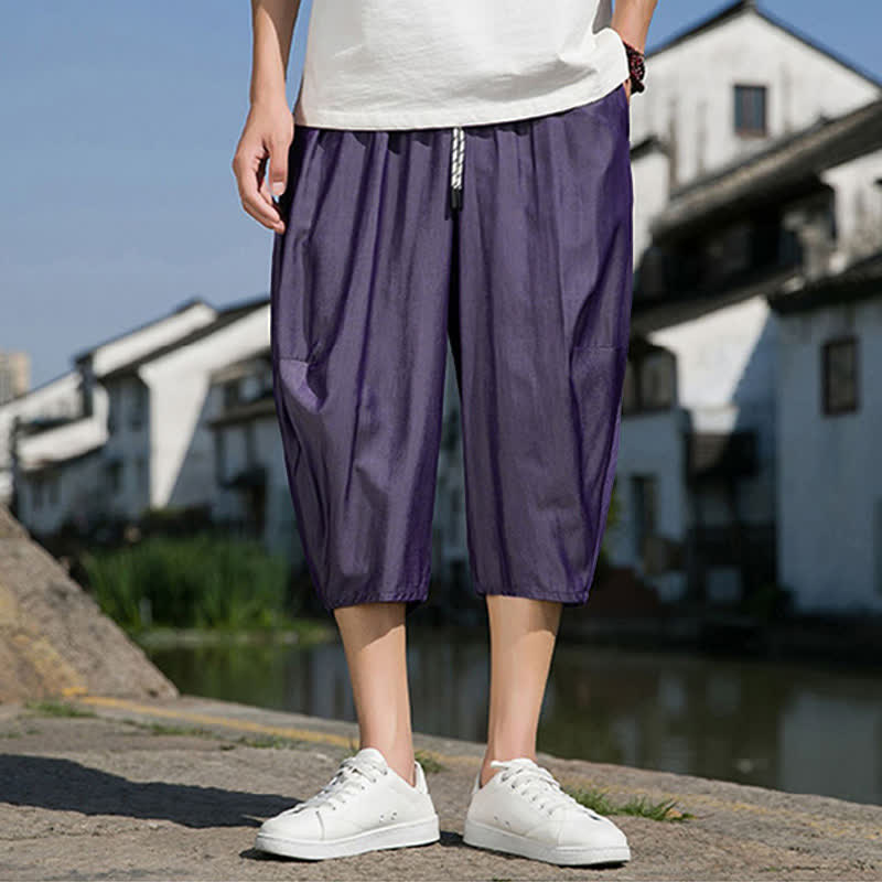 Buddha Stones Summer Elastic Waist Drawstring Solid Color Half Men's Tapered Pants With Pockets - image 29