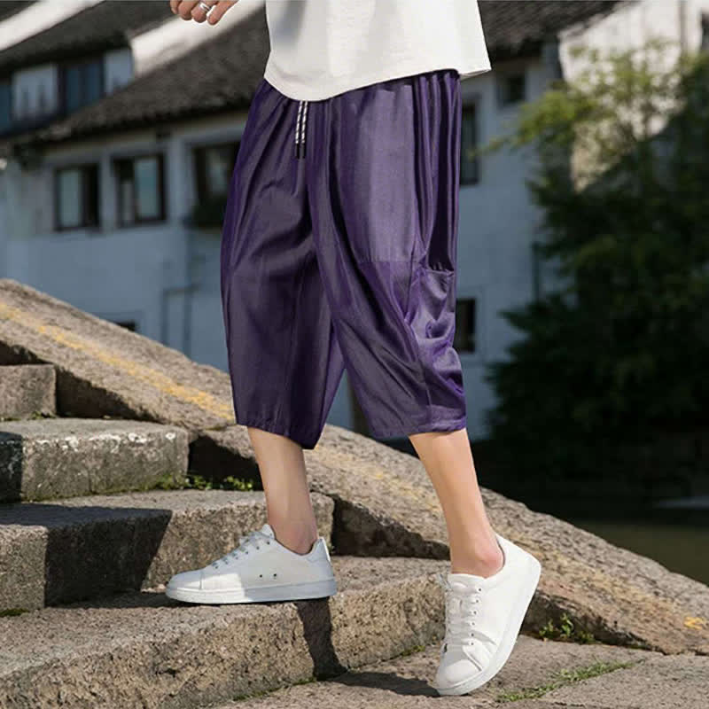 Buddha Stones Summer Elastic Waist Drawstring Solid Color Half Men's Tapered Pants With Pockets - image 34