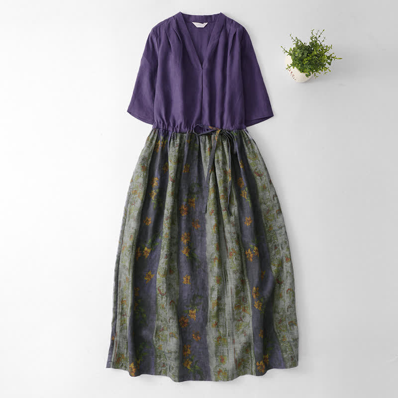 Buddha Stones Summer V Neck Drawstring Waist Floral Short Sleeve Below Knee Dress With Pockets - RebeccaPurple - US12,UK/AU16,EU44 (2XL) - image 0