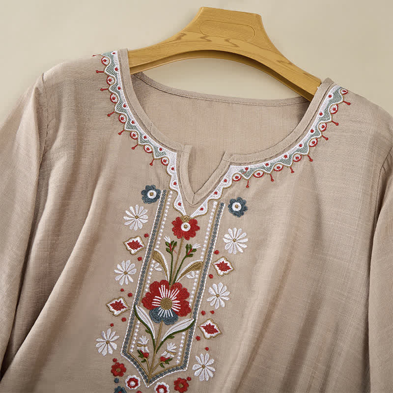 Buddha Stones Spring Boho Embroidered Cotton Linen Elbow-Length Sleeve Women's T-Shirts - image 20