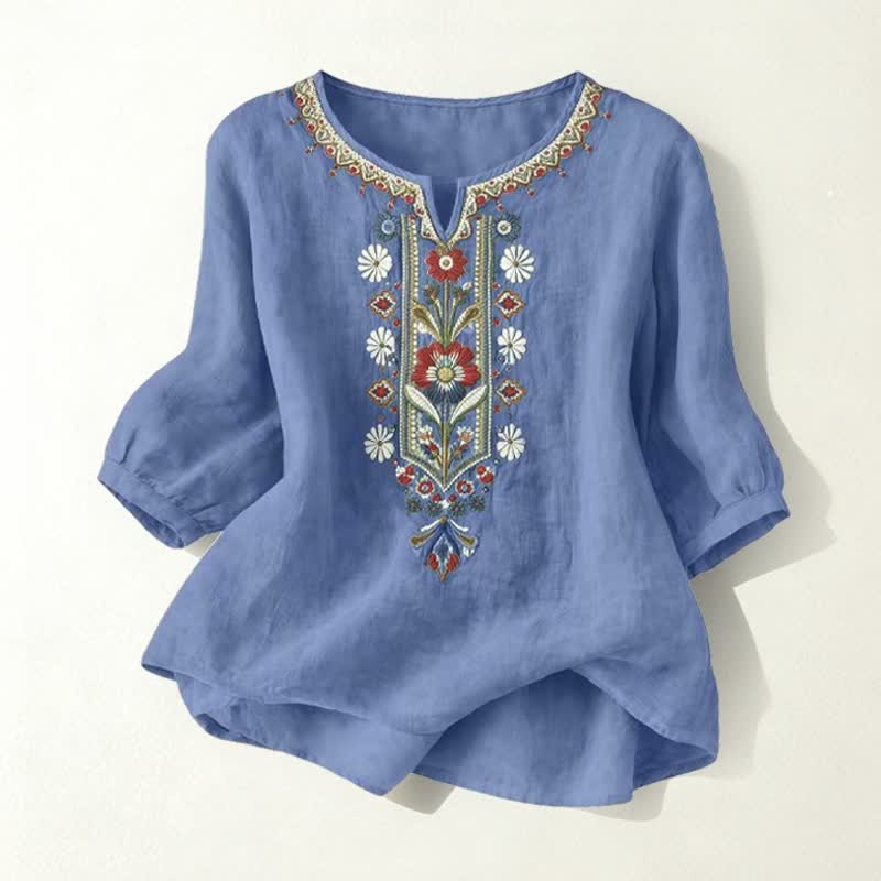 Buddha Stones Spring Boho Embroidered Cotton Linen Elbow-Length Sleeve Women's T-Shirts - DenimBlue - US16,UK/AU20,EU48 (3XL) - image 26