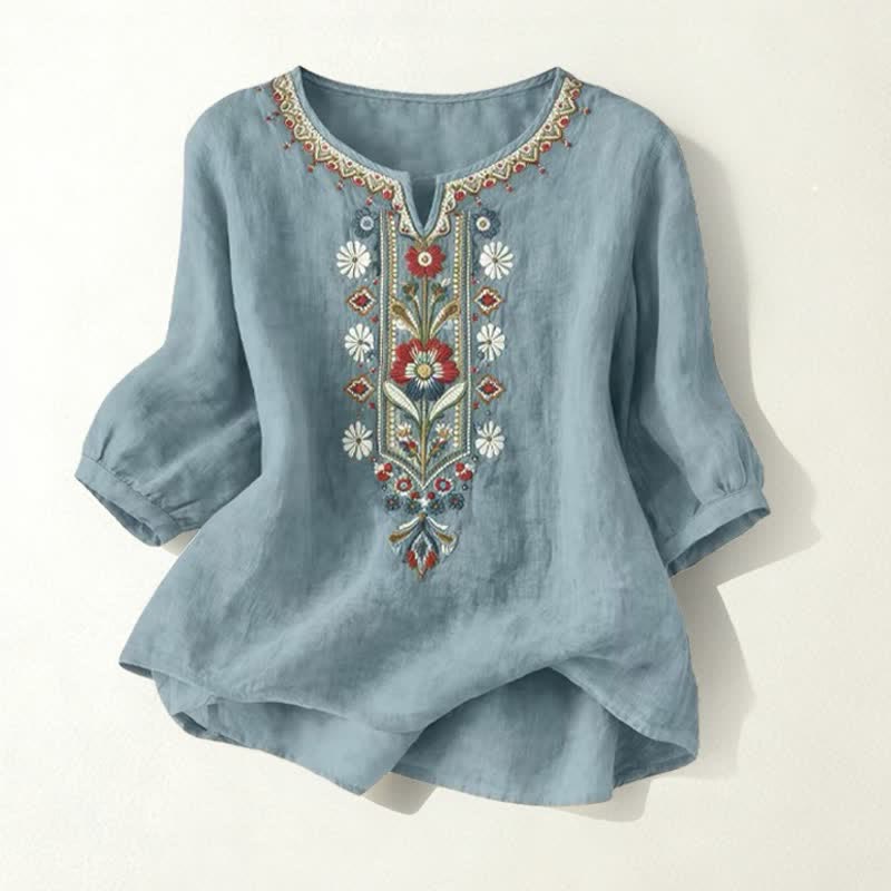 Buddha Stones Spring Boho Embroidered Cotton Linen Elbow-Length Sleeve Women's T-Shirts - Teal - US16,UK/AU20,EU48 (3XL) - image 25