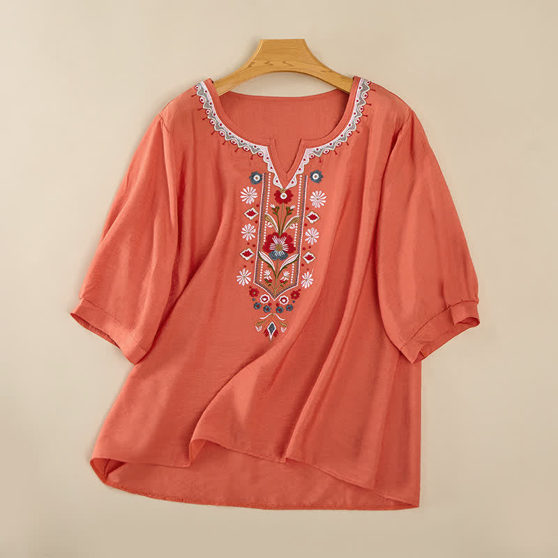 Buddha Stones Spring Boho Embroidered Cotton Linen Elbow-Length Sleeve Women's T-Shirts - Orange - US16,UK/AU20,EU48 (3XL) - image 0