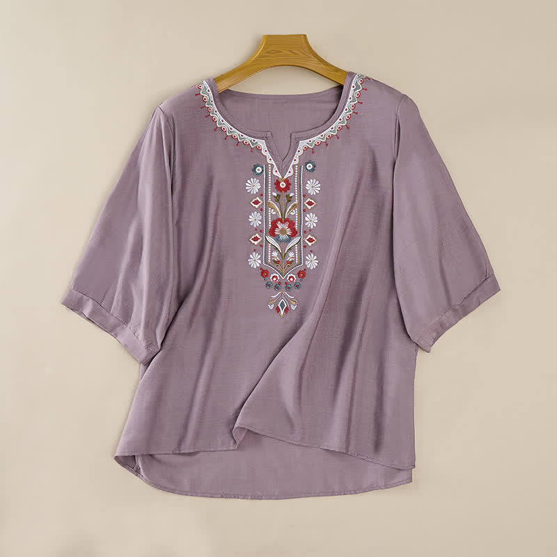 Buddha Stones Spring Boho Embroidered Cotton Linen Elbow-Length Sleeve Women's T-Shirts - image 7