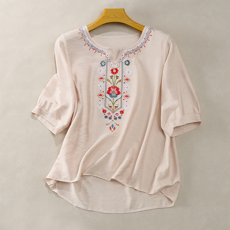Buddha Stones Spring Boho Embroidered Cotton Linen Elbow-Length Sleeve Women's T-Shirts - Beige - US16,UK/AU20,EU48 (3XL) - image 13