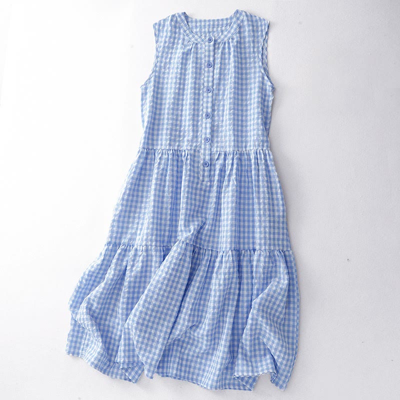 Buddha Stones Crew Neck Sleeveless Plaid Summer Cotton Knee Length Dress - LightSkyBlue - US12,UK/AU16,EU44 (2XL) - image 7