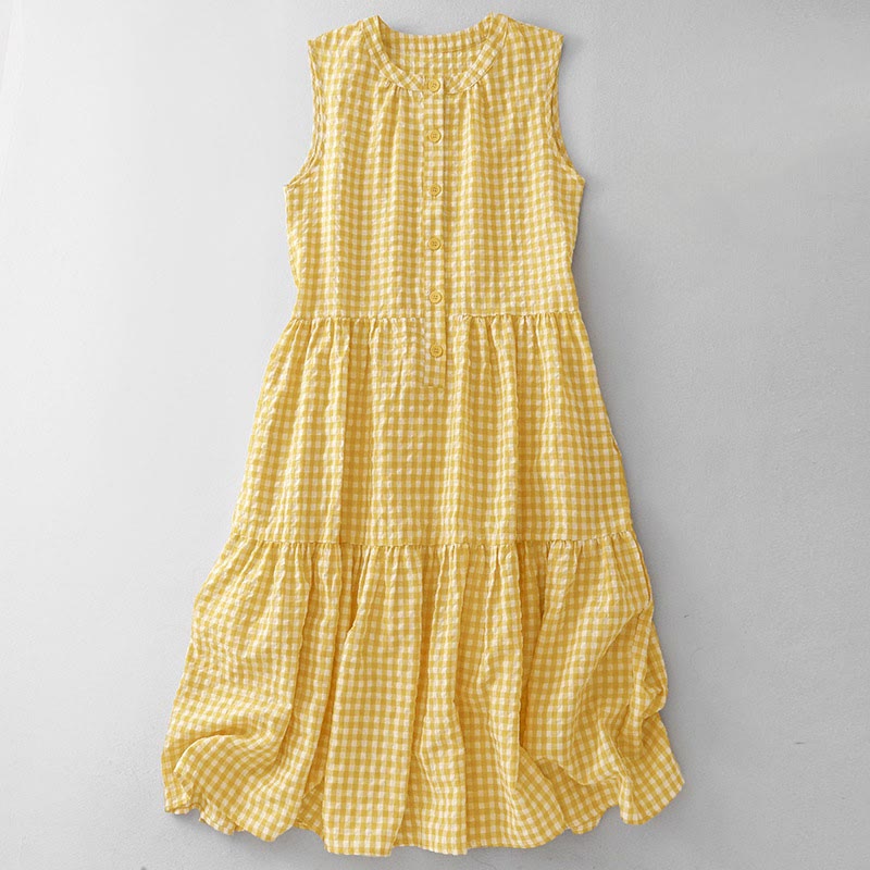 Buddha Stones Crew Neck Sleeveless Plaid Summer Cotton Knee Length Dress - Gold - US12,UK/AU16,EU44 (2XL) - image 0