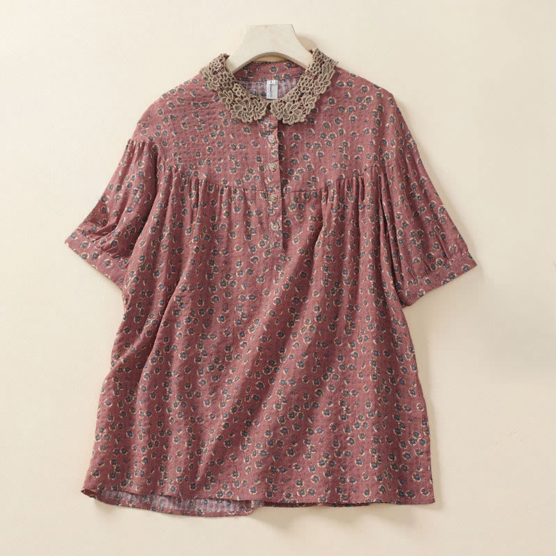 Buddha Stones Front Button Design Floral Print Pattern Women's Cotton Half Sleeve Shirt - LightCoral - US8-10,UK/AU12-14,EU40-42 (2XL) - image 5