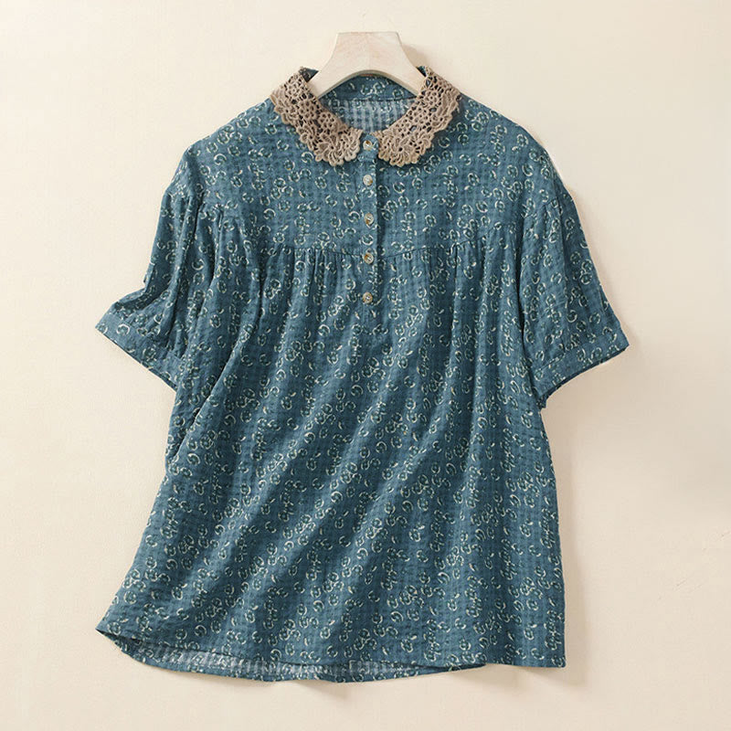 Buddha Stones Front Button Design Floral Print Pattern Women's Cotton Half Sleeve Shirt - SteelBlue - US8-10,UK/AU12-14,EU40-42 (2XL) - image 2