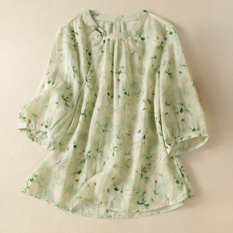 Buddha Stones Crew Neck Casual Frog-Button Floral Print Pattern Blouse Half Sleeve Women's Shirts - Beige - US8-10,UK/AU12-14,EU40-42 (2XL) - image 0