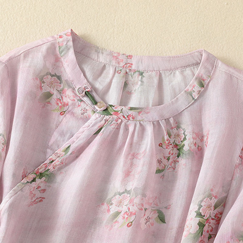 Buddha Stones Crew Neck Casual Frog-Button Floral Print Pattern Blouse Half Sleeve Women's Shirts - image 9