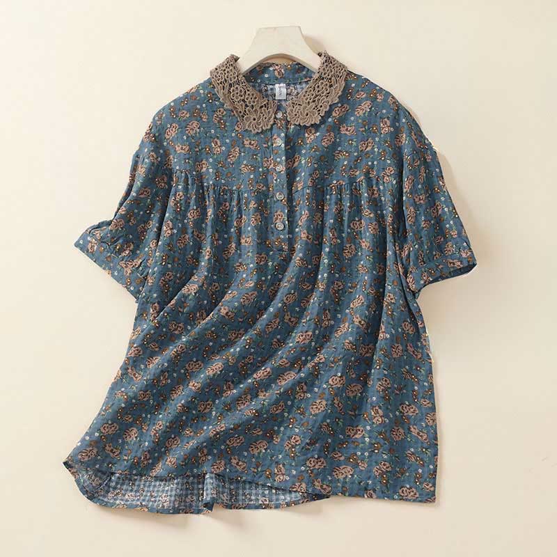 Buddha Stones Front Button Design Floral Print Pattern Women's Cotton Half Sleeve Shirt - CadetBlue - US8-10,UK/AU12-14,EU40-42 (2XL) - image 0
