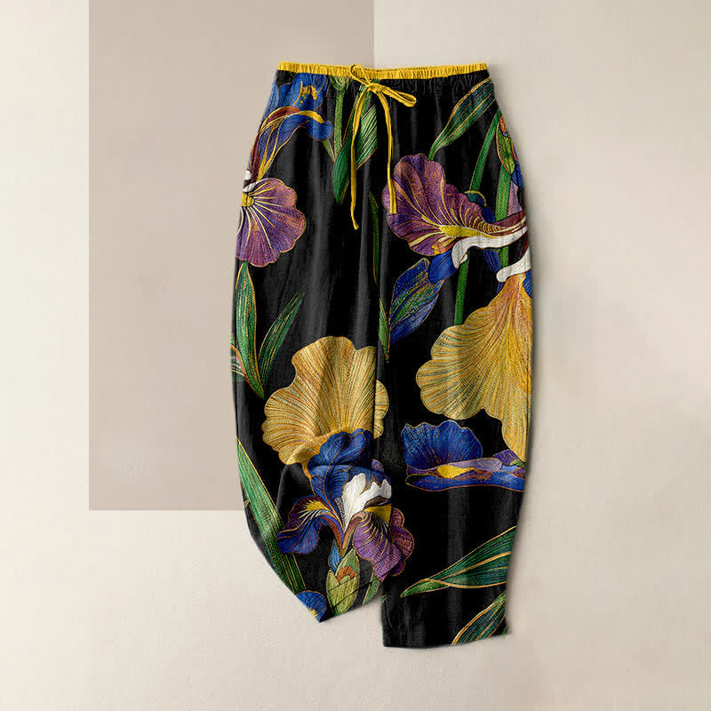 Buddha Stones Cotton Colorful Iris Floral Elastic Waist Drawstring Women's Pants With Pockets - Black - US16,UK/AU20,EU48 (3XL) - image 0