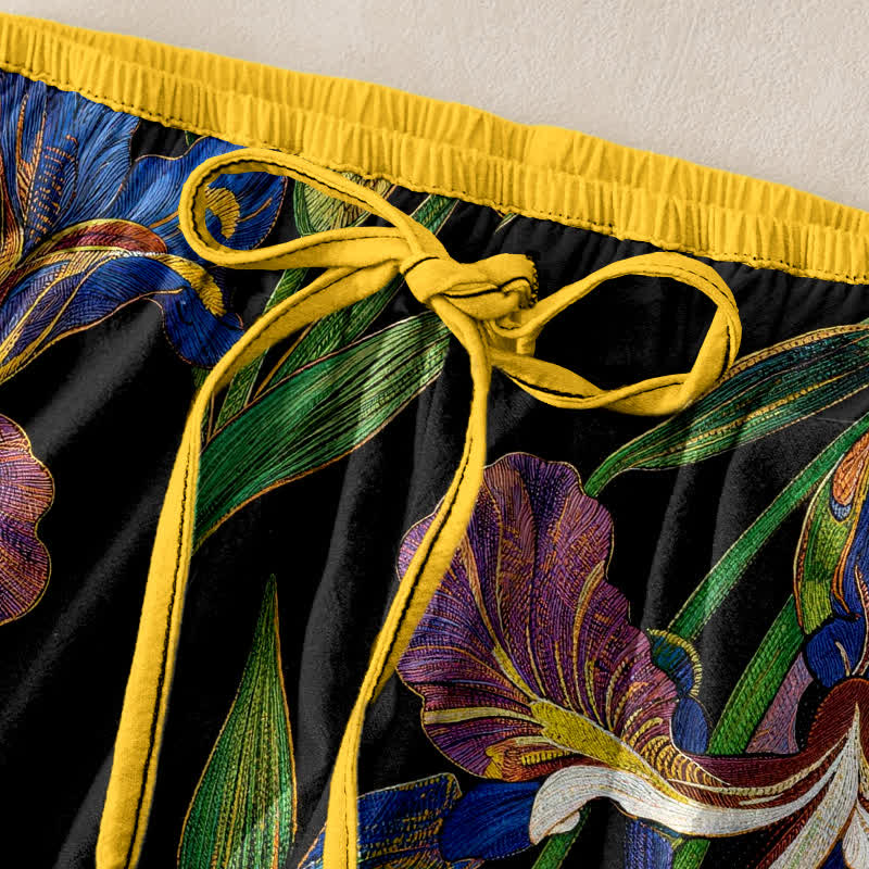 Buddha Stones Cotton Colorful Iris Floral Elastic Waist Drawstring Women's Pants With Pockets - image 1